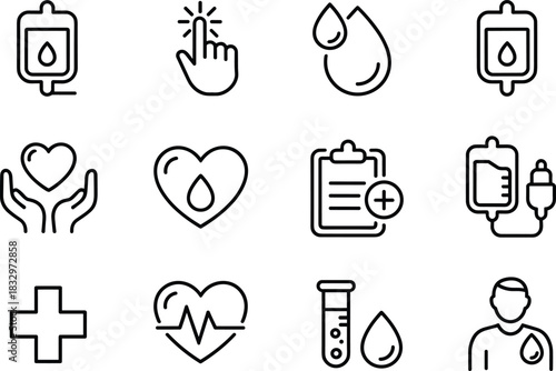 Blood Donation and Cardiology Vector Line Icon Set, Featuring IV Bag, Heart Health, Blood Drop, Medical Cross, and Healthcare Checkup Symbols for Medical Apps and Websites.