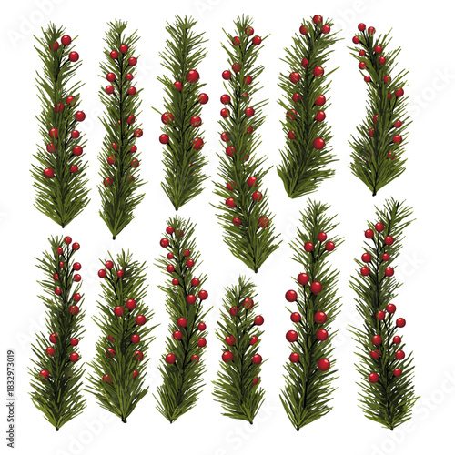 Christmas Evergreen Branches with Red Berries – Vector Holiday Decoration Set | Winter Floral Elements, Festive Pine Sprigs Collection