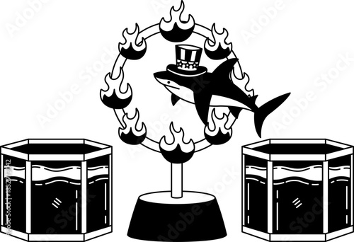 black and white A shark in an American flag hat jumping in a fish tank