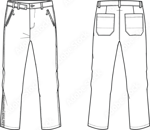 Technical flat sketch of men's outdoor hiking cargo pants vector illustration CAD drawing apparel template ready for fashion design projects, sportswear, and technical specifications.