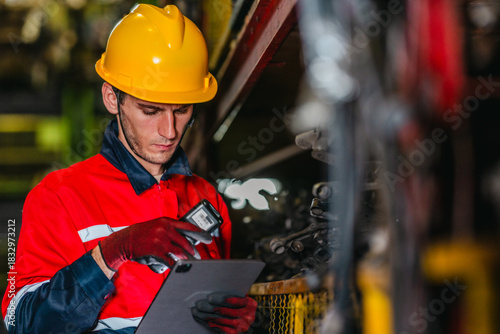 Technician Using Barcode Scanner and Tablet to Manage Auto Parts Inventory in Warehouse
