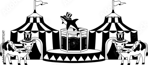 black and white A circus tent with a whale in a tank and two cows wearing hats