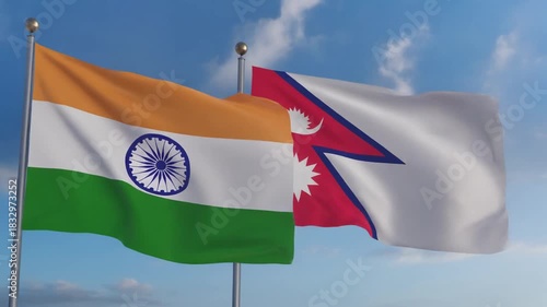 National flags of India and Nepal waving together in the wind, symbolizing friendship, alliance, and diplomatic relations