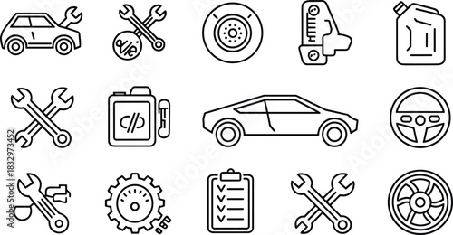 Car Service and Auto Repair Outline Icon Set, Featuring Wrench, Engine, Oil, Wheel, Brake Disc, and Diagnostic Check Symbols for Automotive Industry and Mechanic Apps.