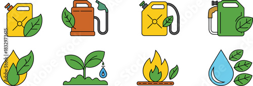 Collection of Biofuel and Ecology Icons featuring Canisters, Leaves, Water Drop, Seedling, and Fire Symbolizing Renewable Energy, Sustainable Resources, and Green Fuel.