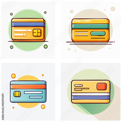 Illustrated credit cards set in various designs featuring modern digital payment concepts perfect for finance business and consumerism themes