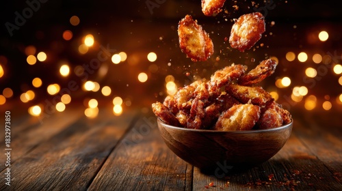 Fototapeta Naklejka Na Ścianę i Meble -  A bowl full of golden-brown chicken nuggets is artfully displayed, with spice dust flying around, showcasing a deliciously crispy texture and inviting presentation.