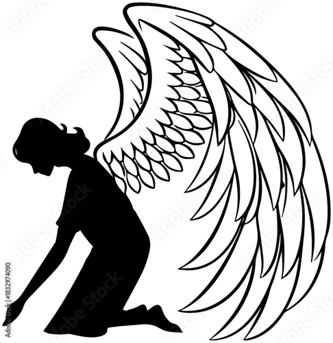 Kneeling Winged Figure – Angelic Reverence Silhouette
