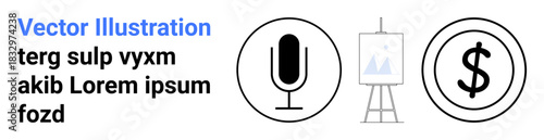 Media production, creativity, finance, communication, artistic projects, monetary concepts. Black microphone, art canvas and dollar symbol icons. Media production and creativity concepts