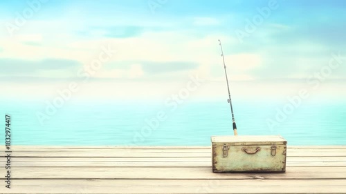 Enjoying a peaceful fishing day by the calm sea with a quiet atmosphere and a fishing rod on the dock