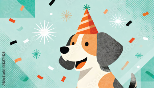 Cute Party Dog Illustration with Birthday Hat and Confetti – Fun Festive Animal Artwork for Celebration, Kids Theme, Greeting Cards, Social Media, and Holiday Designs