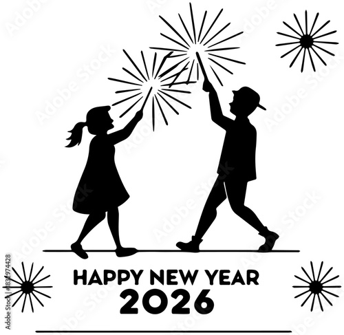 Happy New Year 2026 – Kids with Sparklers Silhouette