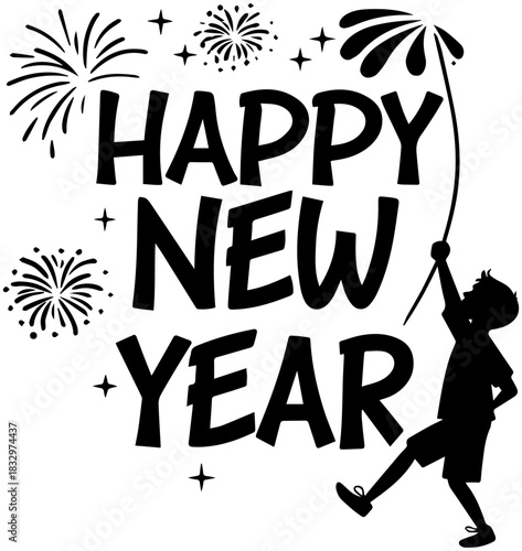 Happy New Year Fireworks – Festive Silhouette with Child