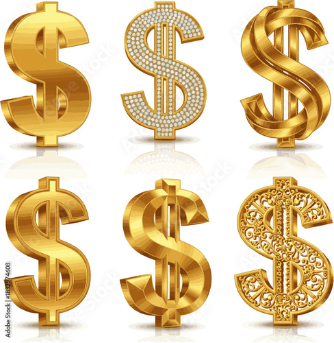 Create a kinds of deferent luxurious 3d gold dollar sign Vector art with white background.