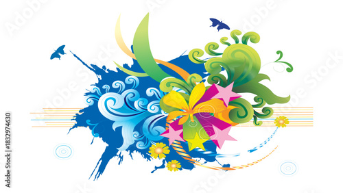 Artistic Abstract Floral Composition: A vibrant abstract artwork, bursting with dynamic shapes, swirling patterns, and a spectrum of colors, forming an eye-catching floral design.