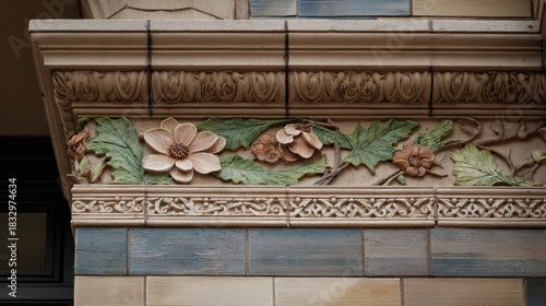 Close Up of Ornate Floral Architectural Detail on a Building Exterior in Brown Green and Blue