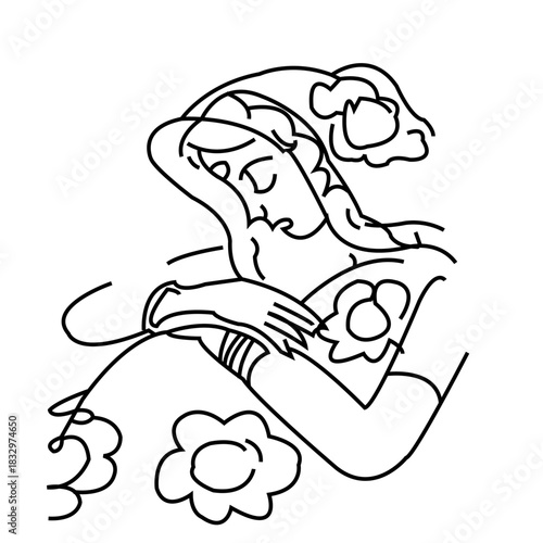 Contemplative Seamstress: This evocative line art portrays a woman, deeply engrossed in her craft. It captures the essence of quiet focus and artistic creation.