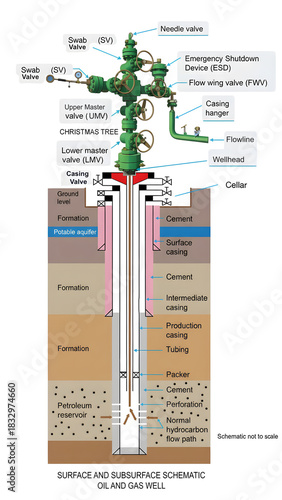 Schilderij op canvas detailed schematic of a surface and subsurface oil and gas well, illustrating the wellbore, casing, tubing, christmas tree assembly, and the flow path from the petroleum reservoir