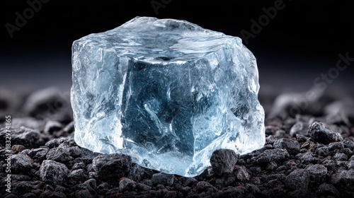 Close Up View of a Cubical Ice Block on Dark Crumbly Surface with Black Background and Dramatic Lighting