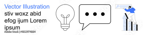 Business growth, innovation, brainstorming, analytics, communication, technology solutions. Light bulb and speech bubble icons with person analyzing data graphs. Innovation and brainstorming concepts