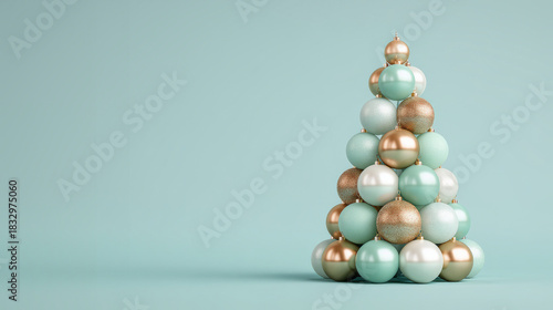 Minimalist Christmas Tree Made of Mint Green and Golden Ornaments on a Cyan Background
