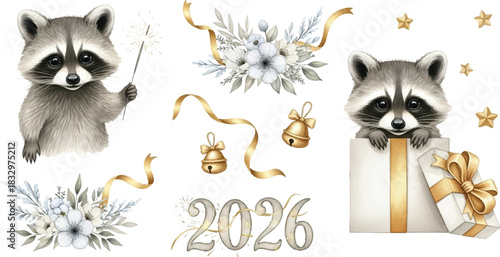 Baby Raccoon New Year Watercolor Celebration Clipart, Cute Winter Animal Festive Elements Collection