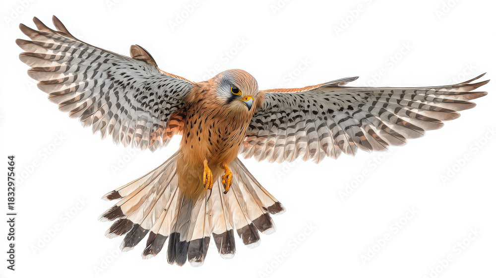 Fototapeta premium common kestrel hovering over white background
