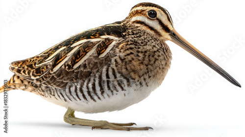 common snipe with long beak on white background