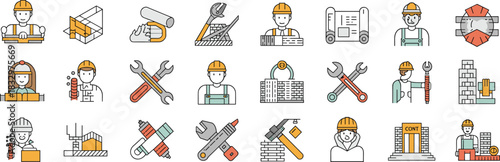 Construction workers, engineer planning, and building trade icons set, featuring hard hats, tools, blueprints, and masonry work vector illustration