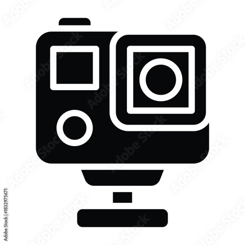 Solid black action camera with lens and mount, ideal for adventure, filming, outdoor activities, and content creation.
