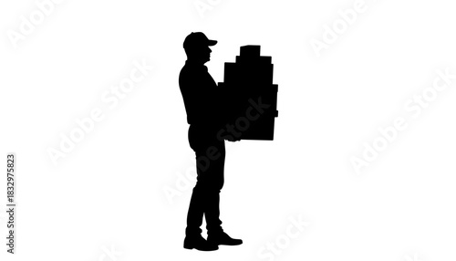 Delivery worker carrying stacked boxes in silhouette  
