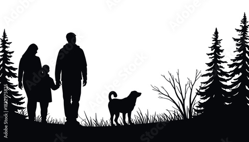 Family walking with dog silhouette in forest during daytime  