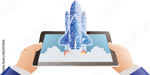 Digital close-up human hand holding tablet with abstract launching rocket. First-person view of a spaceship which takeoff on dark blue background. Low poly wireframe vector illustration with 3D effect