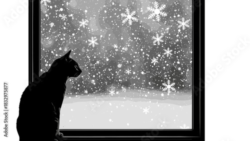 Black cat sitting by window watching snow fall outdoors in winter  