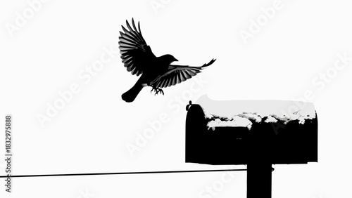 Bird flying towards bird feeder covered in snow  