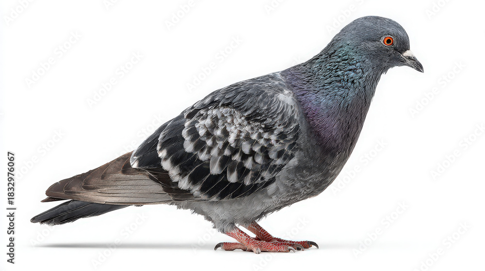 Fototapeta premium feral pigeon on white background, city bird with iridescent neck