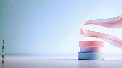 Abstract composition featuring three pastel-colored cylinders stacked on top of each other, with a flowing fabric element against a soft blue background.
