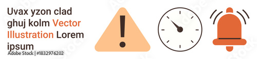 Time management, punctuality, notification systems, alertness, warnings, reminders. Warning sign, clock face ringing bell icon. Time management and punctuality