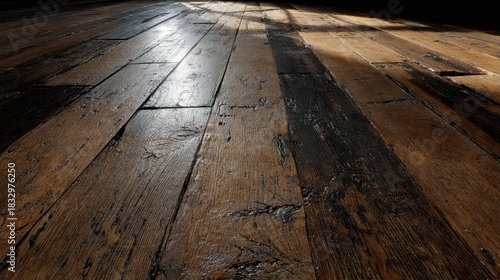 Close Up View of Textured Wooden Floor with Detailed Grain and Sparkling Light Reflections
