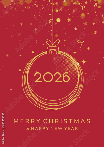 Christmas card design. Christmas ball icon on red background. Marry Christmas and Happy New Year background.