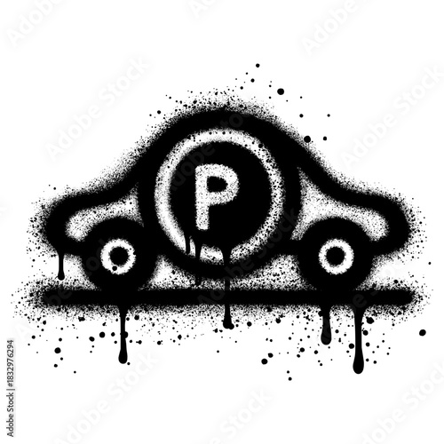 Parking icon with car view and parking sign drawn in graffiti style