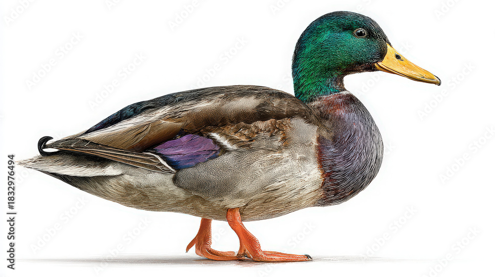 Obraz premium male mallard duck with iridescent green head isolated on white background