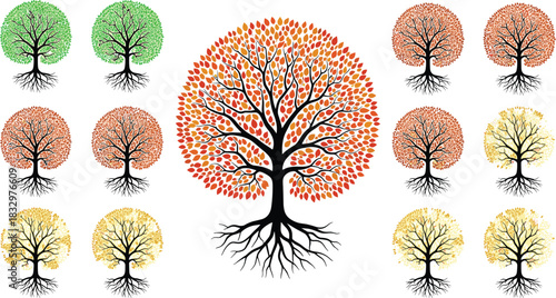 Large Central Autumn Tree of Life Surrounded by Miniaturized Spring, Fall, and Winter Nature Symbol Silhouettes on White Background.