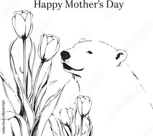 Mother's Day Floral Greetings: A heartwarming illustration features a polar bear delicately sniffing a bouquet of tulips, conveying tenderness and affection for Mother's Day. 