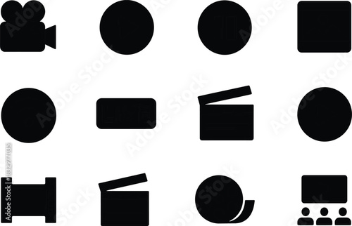 Essential Black and White Video Production and Media Streaming Icons Collection: Movie Camera, Play, Pause, Live, Clapperboard, Film Reel, and Cinema Symbols for Digital Interface Design