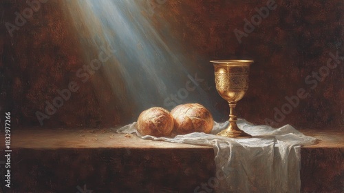 Golden Chalice and Loaves of Bread Illuminated by a Beam of Light on a Stone Surface