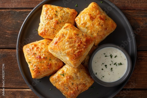 Golden Baked Pastry Squares with Dipping Sauce on Dark Plate