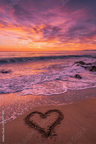 Heart Shape Drawn On Sandy Beach Shoreline Illuminated By Dramatic Sunset Sky With Ocean Waves