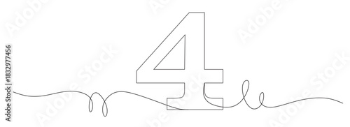 Continuous line art of the number 4 with curved and twisting lines. Vector illustration