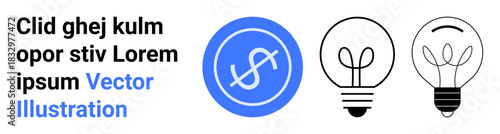 Finance, innovation, creativity, entrepreneurship, energy efficiency, branding. Blue circle with dollar symbol and two light bulb designs. Finance and innovation concept visually